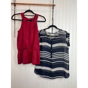 Ann Taylor Red Pleated Peplum Tank - LOFT Stripe Popover Blouse Bundle Size XS
